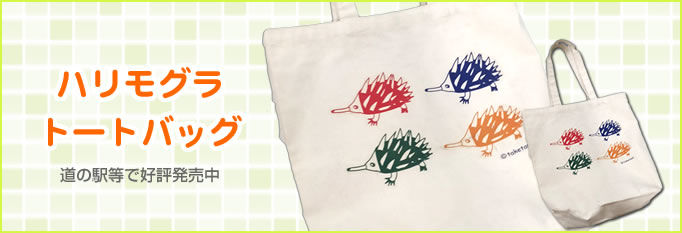 ハリモグラトートバッグ 道の駅等で好評発売中 味のあるハリモグラのイラストが4匹プリントされたトートバックの写真 ハリモグラは赤・青・緑・オレンジの4色いて、2行2列で並んでいます